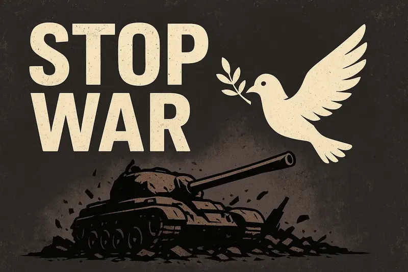 Plakat: Stop War – eine Friedenstaube über einem Panzer